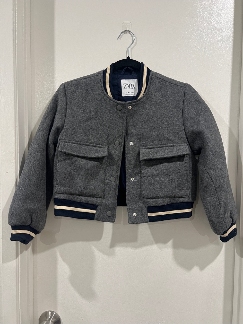 Zara Gray Cropped Wool Bomber Jacket with Navy & Cream Trim & Light Fill Sz 8-9